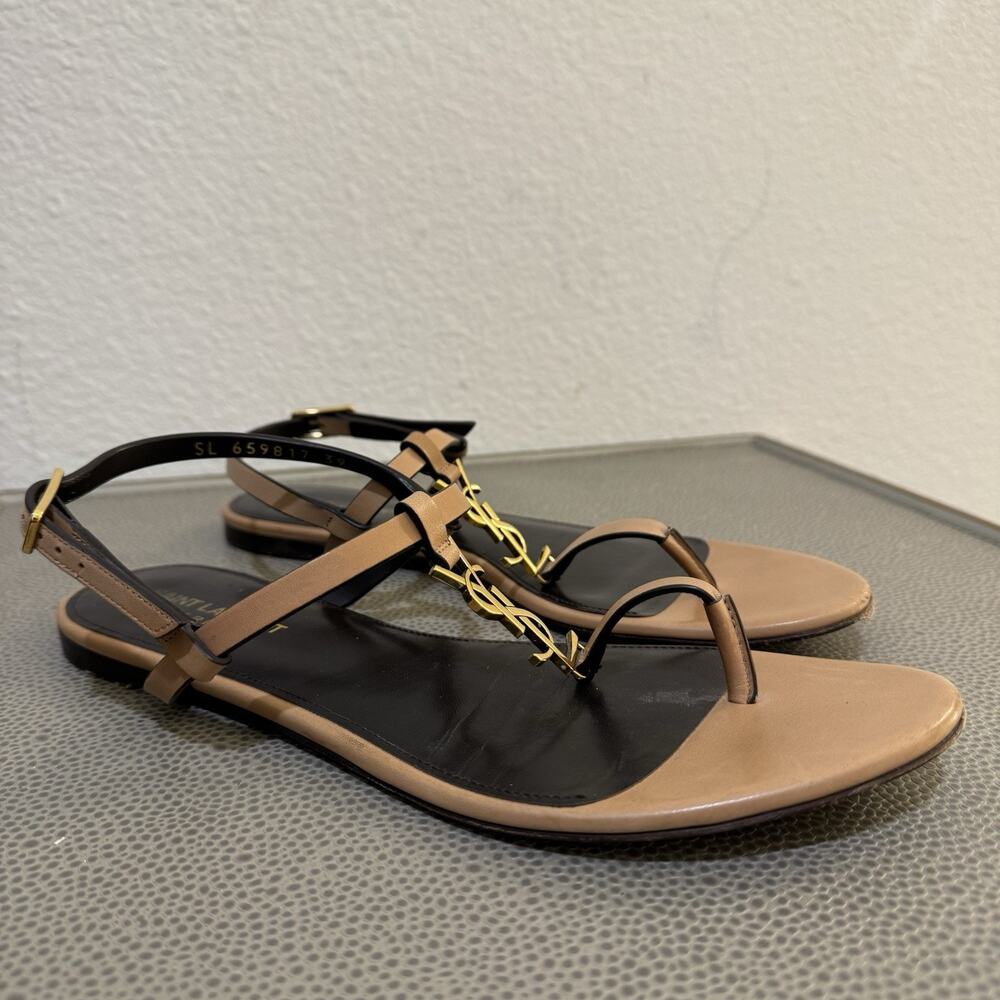 Saint Laurent YSL Logo Cassandra Brown Thong Slide Flat Sandal 39